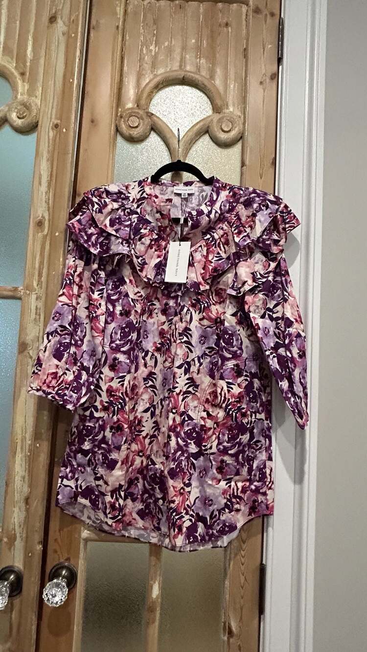 Something Navy Floral Ruffle Button Up Dress Size XS Purple Combo